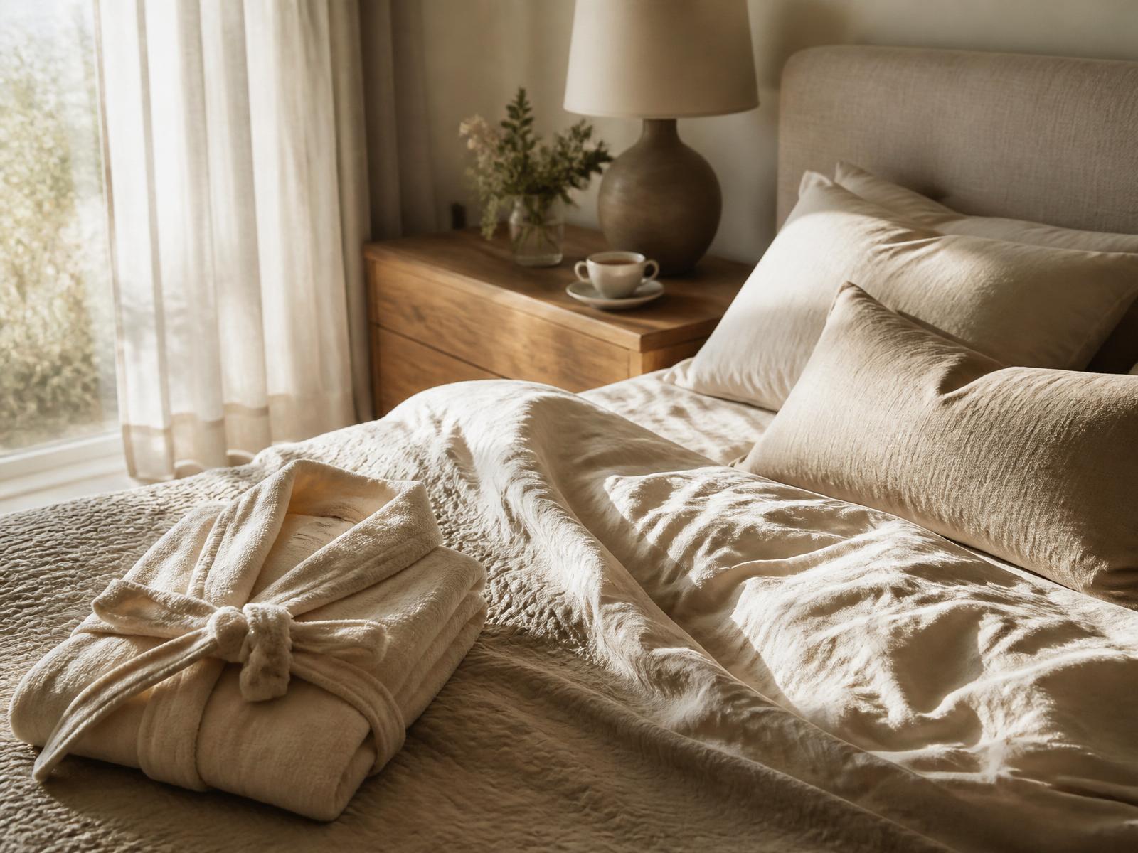 Rustige slaapkamer met opgevouwen ivory badjas op het bed