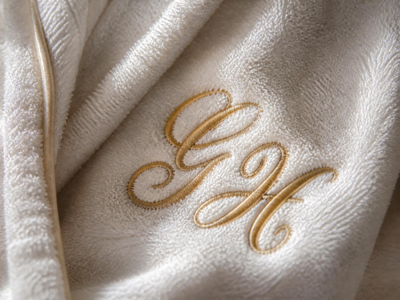 Close-up van geborduurd monogram in de stof van een badjas